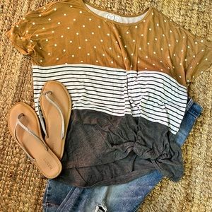 Maurices Mustard Gray and White Knotted Top